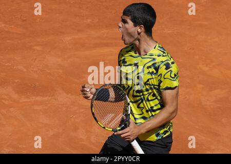 Madrid, Spain. 05th May, 2023. Carlos Alcaraz of Spain celebrates winning a point against Borna Coric of Croatia during their semi-final match at the Mutua Madrid Open at the Caja Magica stadium, in Madrid, Spain, on Friday, May 5, 2023. Photo by Paul Hanna/UPI Credit: UPI/Alamy Live News Stock Photo