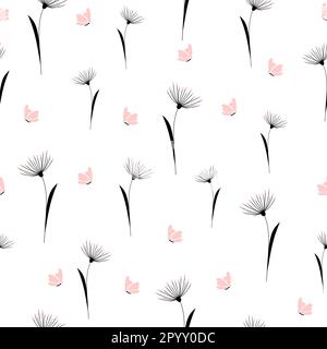 Seamless pattern with flowers and pink butterfly Stock Vector