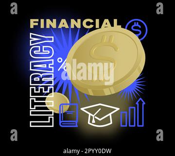 Financial education vector illustration. Investment literacy creative concept banner. Finance and money knowledge 3D render style coins with outline Stock Vector