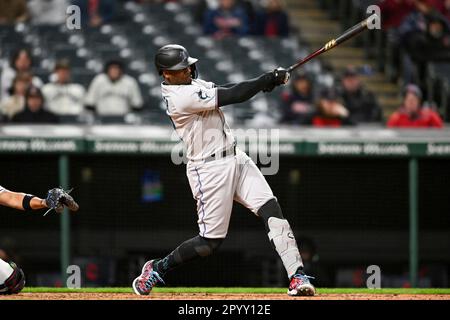 Miami Marlins' Jorge Soler bats during the third inning in the first  baseball game of a doubleheader against the Cleveland Guardians, Saturday,  April 22, 2023, in Cleveland. (AP Photo/Nick Cammett Stock Photo 