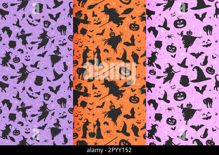 Pumpkins, spiders on orange, purple background Stock Vector