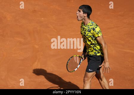 Madrid, Spain. 05th May, 2023. Carlos Alcaraz of Spain celebrates winning his semi-final match against Borna Coric of Croatia at the Mutua Madrid Open at the Caja Magica stadium, in Madrid, Spain, on Friday, May 5, 2023. Photo by Paul Hanna/UPI Credit: UPI/Alamy Live News Stock Photo