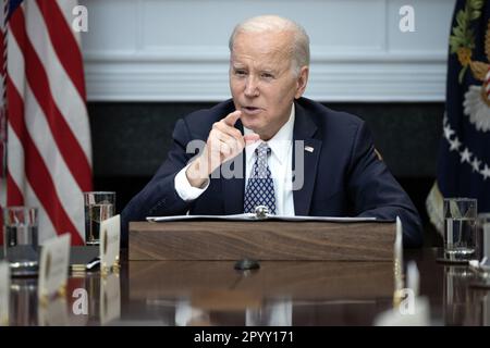 Washington, United States. 05th May, 2023. US President Joe Biden speaks during a meeting of the Investing in America Cabinet in the Roosevelt Room of the White House in Washington, DC, US, on Friday. May 5, 2023. The unexpected pickups in US hiring and wages last month increase chances the Federal Reserve will hold interest rates high for longer and potentially keep the door open to an 11th straight hike in June. Photo by Tom Brenner/UPI Credit: UPI/Alamy Live News Stock Photo