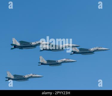 Israel Air Force F15 Squadron in Flight Close Up Stock Photo