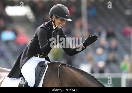 Badminton Estate, Gloucestershire, UK. 5th May, 2023. 2023 Badminton Horse Trials Day 2; Caroline Powell of New Zealand riding Greenacres Special Cavalier celebrates going into 3rd place during the dressage test on day 2 of the 2023 Badminton Horse Trials Credit: Action Plus Sports/Alamy Live News