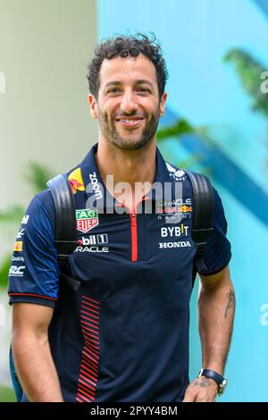 5th May 2023: Miami International Autodrome, Miami Gardens, Florida, USA: Formula 1 Crypto.com Miami Grand Prix 2023: Free Practice Day: Daniel Ricciardo smiles as he arrives at the Paddock. Stock Photo