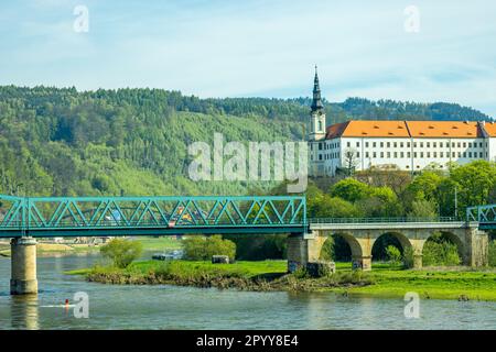 Beautiful spring walk in the Czech border town of Decin along the Elbe - Bohemian Switzerland - Czech Republic Stock Photo