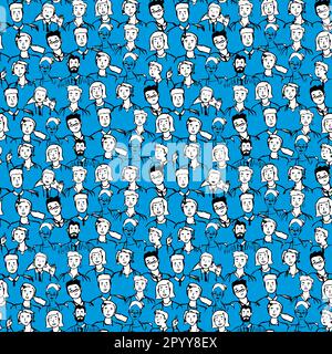 Diverse crowd of people in hand draw seamless pattern illustration. Group of men and women drawn with black lines on blue isolated background in doodl Stock Vector