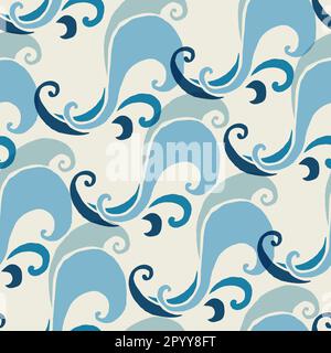 Abstract sea wave style seamless pattern illustration background. Waving water in blue isolated over white. Use for fabric, wrapping paper or wallpape Stock Vector