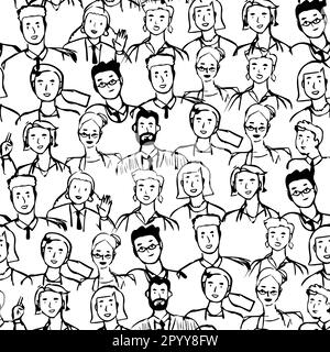 Diverse people in hand draw seamless pattern illustration. diverse group of men and women drawn with black lines on isolated background in doodle styl Stock Vector