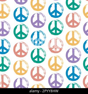 Peace and love symbol in brushstroke paint seamless pattern illustration.  Circle shape icon in multicolor modern grunge paint line on isolated white Stock Vector