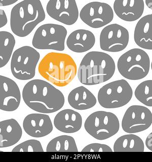 Diverse abstract faces with happy and sad expressions in doodle style cartoons. Hand drawn seamless pattern vector illustration. Perfect to use on fab Stock Vector