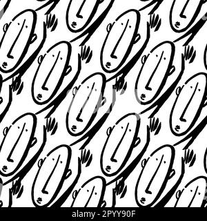Hand drawing man face with raised hand seamless pattern illustration. Abstract design of person made with artistic brush line in black color on isolat Stock Vector