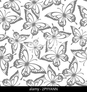 seamless pattern of gray contours of butterflies on a white background, texture, design Stock Photo