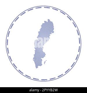 Sweden round logo. Digital style shape of Sweden in dotted circle with country name. Tech icon of the country with gradiented dots. Stock Vector