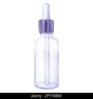 Purple transparent glass cosmetic small bottle with a pipette. Ampoule. Hand draw watercolor illustration isolated on white background. Collagen, anti Stock Photo