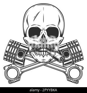 Biker skull with mustache smoking cigar or cigarette and crossed engine pistons service repair motorcycle, car and truck business in vintage vector Stock Vector