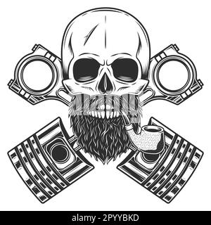 Biker skull with beard and mustache smoking pipe and crossed engine pistons service repair motorcycle, car and truck business in vintage monochrome Stock Vector