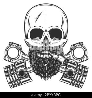 Biker skull with beard and mustache smoking cigar or cigarette and crossed engine pistons service repair motorcycle, car and truck business in vintage Stock Vector