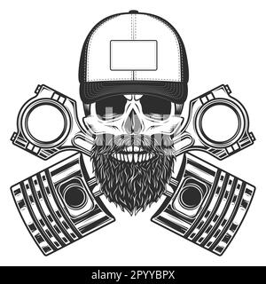 Motorcycle biker skull with beard and mustache in baseball cap with crossed engine pistons service repair motorcycle, car and truck business vector Stock Vector