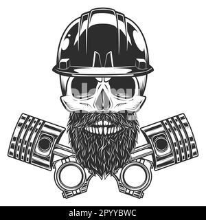 Skull with beard and mustache in hard hat construction helmet with crossed engine pistons service repair motorcycle, car and truck business in vintage Stock Vector