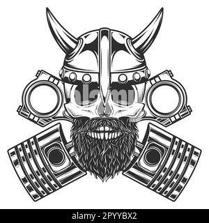 Biker motorcyclist skull with beard and mustache in horned viking helmet with crossed engine pistons service repair motorcycle, car and truck business Stock Vector