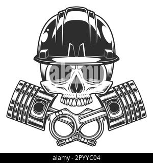 Skull without jaw in hard hat construction helmet with crossed engine pistons service repair motorcycle, car and truck business in vintage monochrome Stock Vector