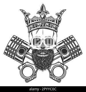 Biker skull in crown with beard and mustache with crossed engine pistons service repair motorcycle, car and truck business in vintage monochrome Stock Vector