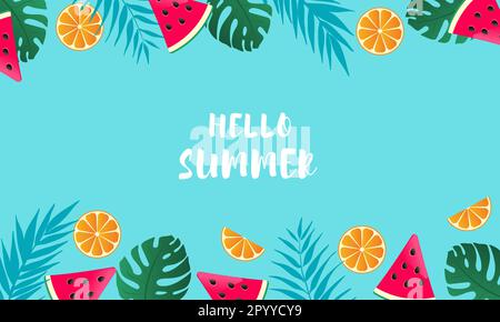 Hello summer banner with watermelon, oranges and palm leaves. Vector ...