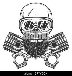Biker skull with beard and mustache in safety glasses with crossed engine pistons service repair motorcycle, car and truck business in vintage Stock Photo