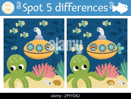 Find differences game. Under the sea black and white educational ...