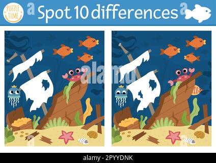 Find differences game for children. Under the sea educational activity with wrecked ship scene. Ocean life puzzle for kids with water animal character Stock Vector