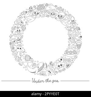 Vector black and white under the sea round frame with divers, submarine, animals, weeds. Line ocean wreath card template design or coloring page. Cute Stock Vector