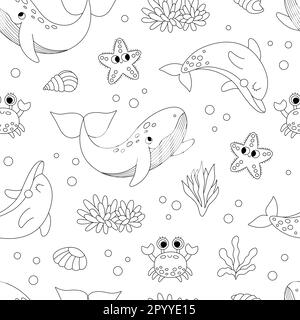 Vector black and white under the sea seamless pattern. Repeat line background with dolphin, whale, star, crab, seaweeds. Ocean life digital paper. Fun Stock Vector