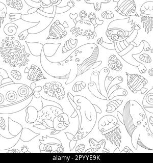 Vector black and white under the sea seamless pattern. Repeat line background with fish, seaweeds, divers, submarine. Ocean life digital paper, colori Stock Vector