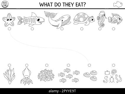 Under the sea black and white matching activity with cute fish, food. Water line puzzle with whale, turtle, shark. Match objects game. Feed animals pr Stock Vector