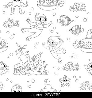 Vector black and white under the sea seamless pattern. Repeat line background with fish, seaweeds, divers, submarine. Ocean life digital paper. Water Stock Vector