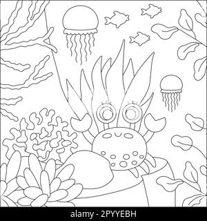 Vector black and white under the sea landscape illustration with red crab on rock. Ocean life line scene with reef, seaweeds, stones, corals, fish. Cu Stock Vector