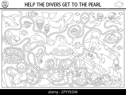 Under the sea black and white maze for kids with clown fish, seahorse ...