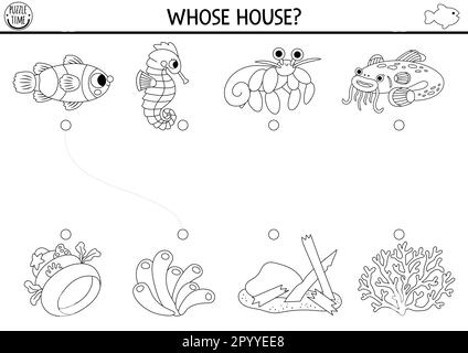 Under the sea black and white matching activity with cute fish and houses. Water line puzzle with clownfish, seahorse, catfish. Match objects game. Pr Stock Vector