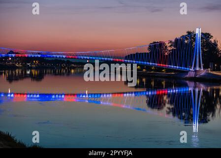 Osijek, Croatia. 05th May, 2023. Photo taken on May 5, 2023. shows the pedestrian bridge illuminated in colors of British flag ahead of coronation of King Charls III. Photo: Davor Javorovic/PIXSELL Credit: Pixsell/Alamy Live News Stock Photo