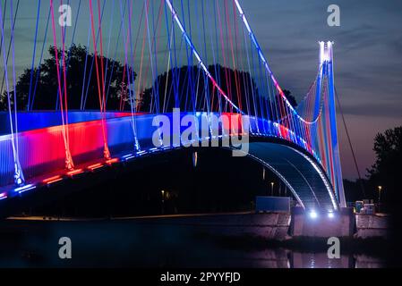 Osijek, Croatia. 05th May, 2023. Photo taken on May 5, 2023. shows the pedestrian bridge illuminated in colors of British flag ahead of coronation of King Charls III. Photo: Davor Javorovic/PIXSELL Credit: Pixsell/Alamy Live News Stock Photo