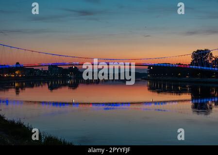 Osijek, Croatia. 05th May, 2023. Photo taken on May 5, 2023. shows the pedestrian bridge illuminated in colors of British flag ahead of coronation of King Charls III. Photo: Davor Javorovic/PIXSELL Credit: Pixsell/Alamy Live News Stock Photo