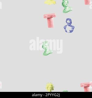 Antique ancient greek human statue, roman column, greek sculpture, checkerboard pattern seamless pattern. Fashionable modern texture with ancient gree Stock Vector