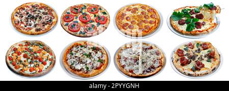 Pizza assortment collection isolated background. Various ingredients. Stock Photo