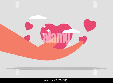 Gratitude and appreciation. Fan support, charity, donation. Help and volunteering concept. The hand holds the heart. Vector illustration Stock Vector