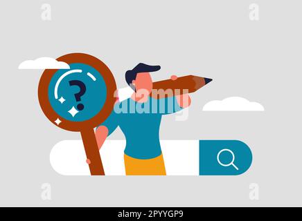 Internet search and research, search engine. Search for information or a new job remotely. A man with a magnifying glass visits sites and receives dat Stock Vector