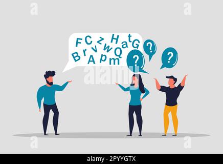 Communicating in complex jargon, talking in technical language. Difficult to understand conversation, conversation on professional topic. People do no Stock Vector