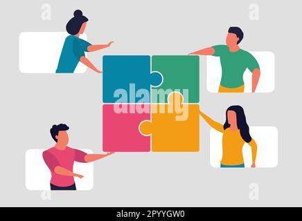 Working together as a team and people collaborating to solve problems. Colleagues and joint project success. People put the pieces of the puzzle toget Stock Vector