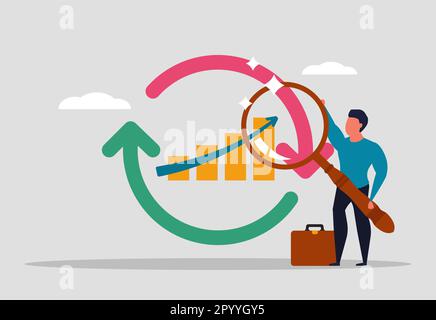 The economic cycle of obtaining company income. A man under a magnifying glass studies charts and finances. Statistics and analysis of financial data. Stock Vector
